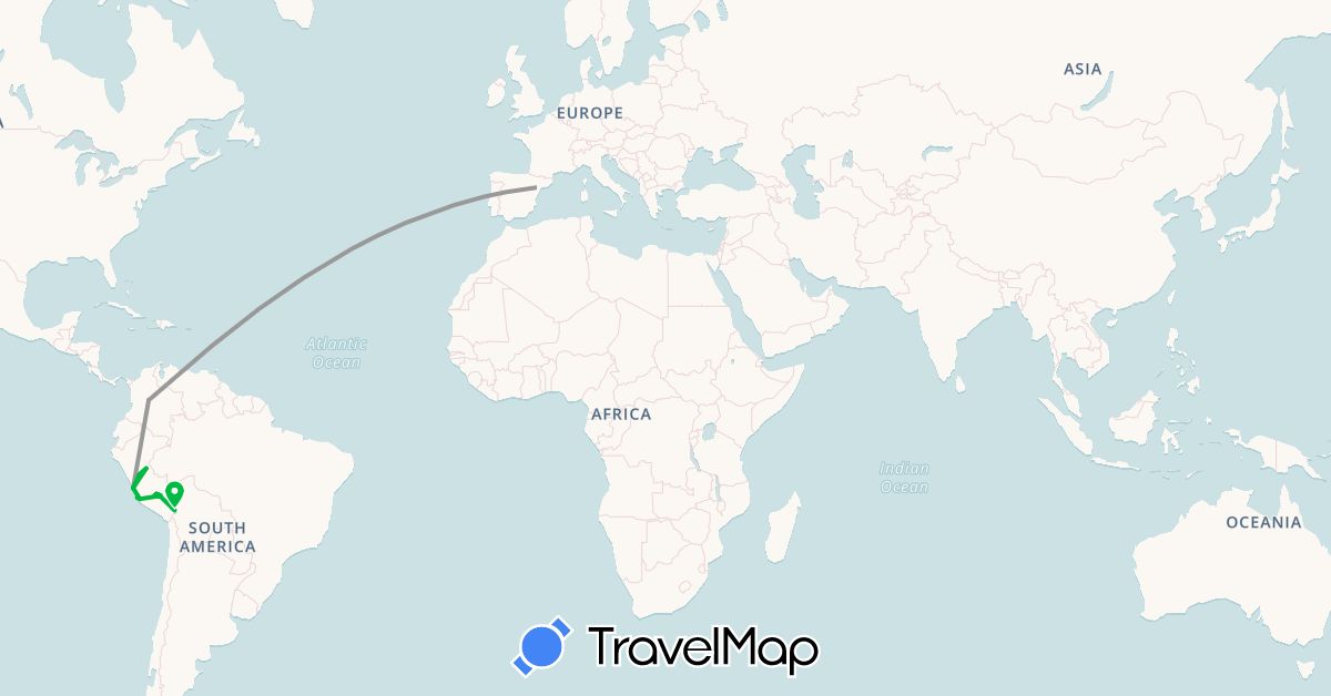 TravelMap itinerary: driving, bus, plane, train, hiking, boat, hitchhiking, motorbike in Bolivia, China, Colombia, Spain, Indonesia, Cambodia, Laos, Malaysia, Peru, Philippines, Thailand, Vietnam (Asia, Europe, South America)
